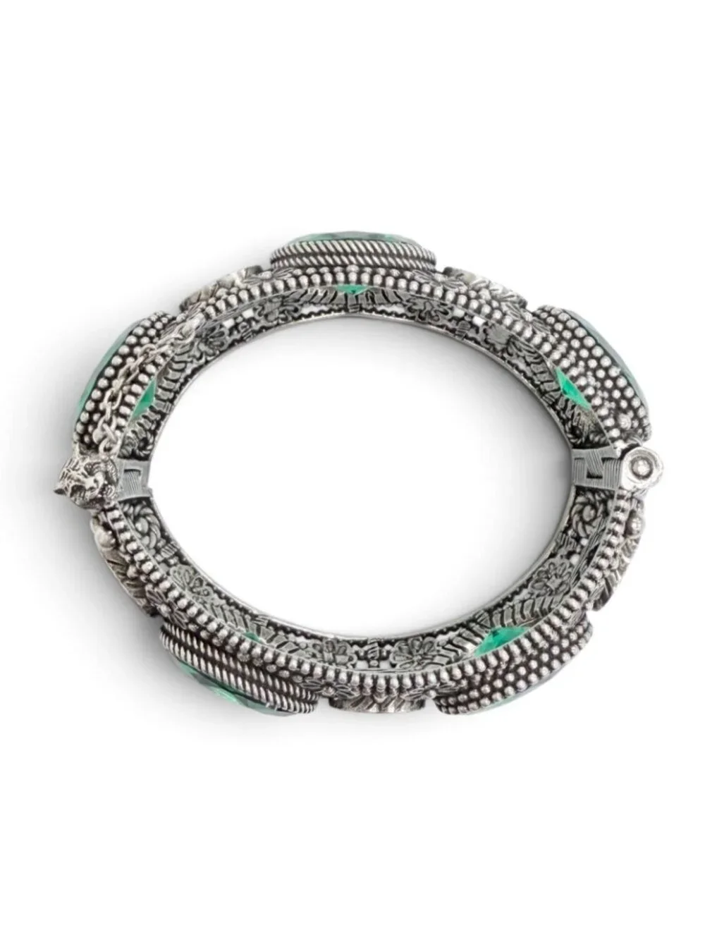 Gucci Interlocking G Flower Cat Head Green Color Stone Bangle Silver 16 Bracelet